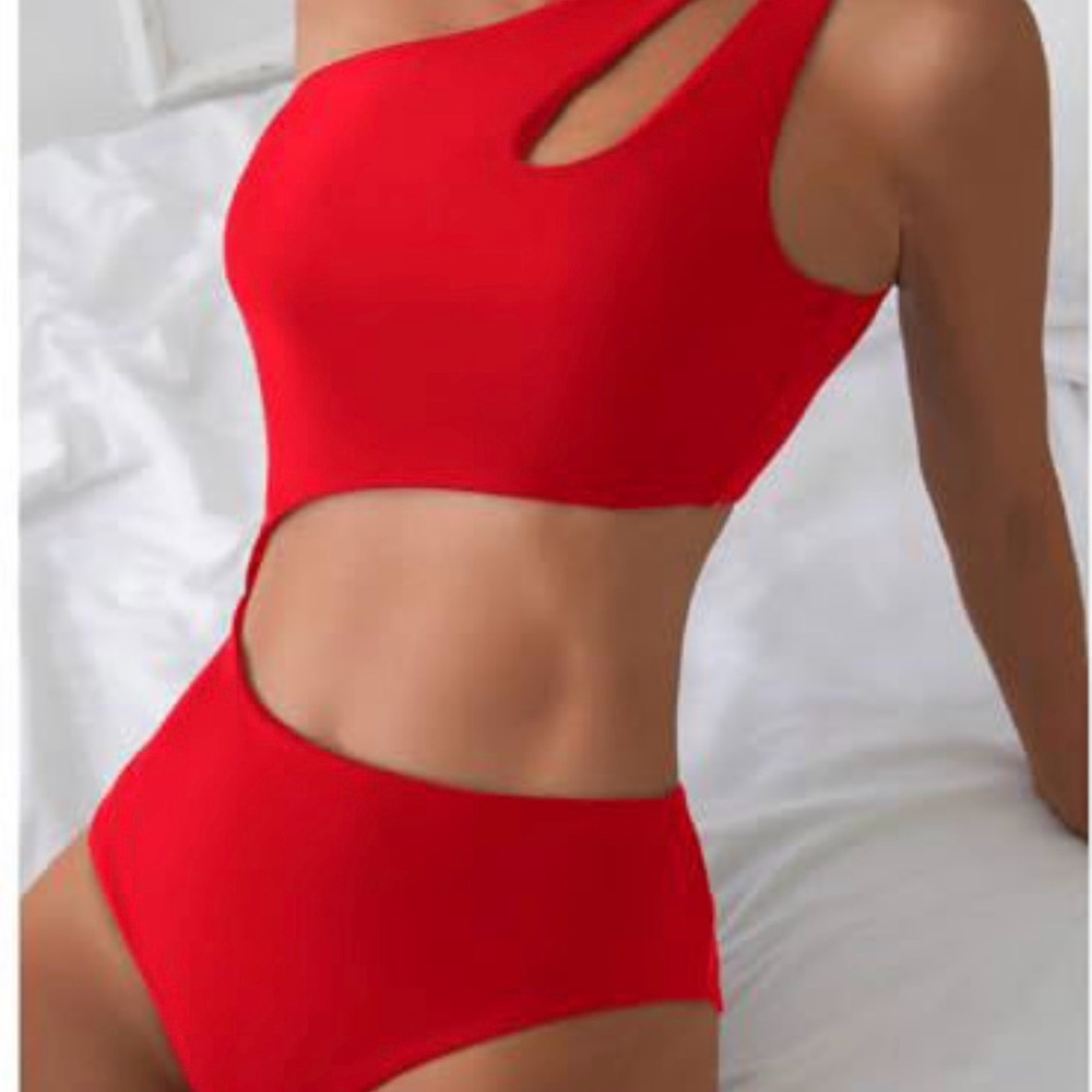 Red Cutout One-Shoulder Swimsuit